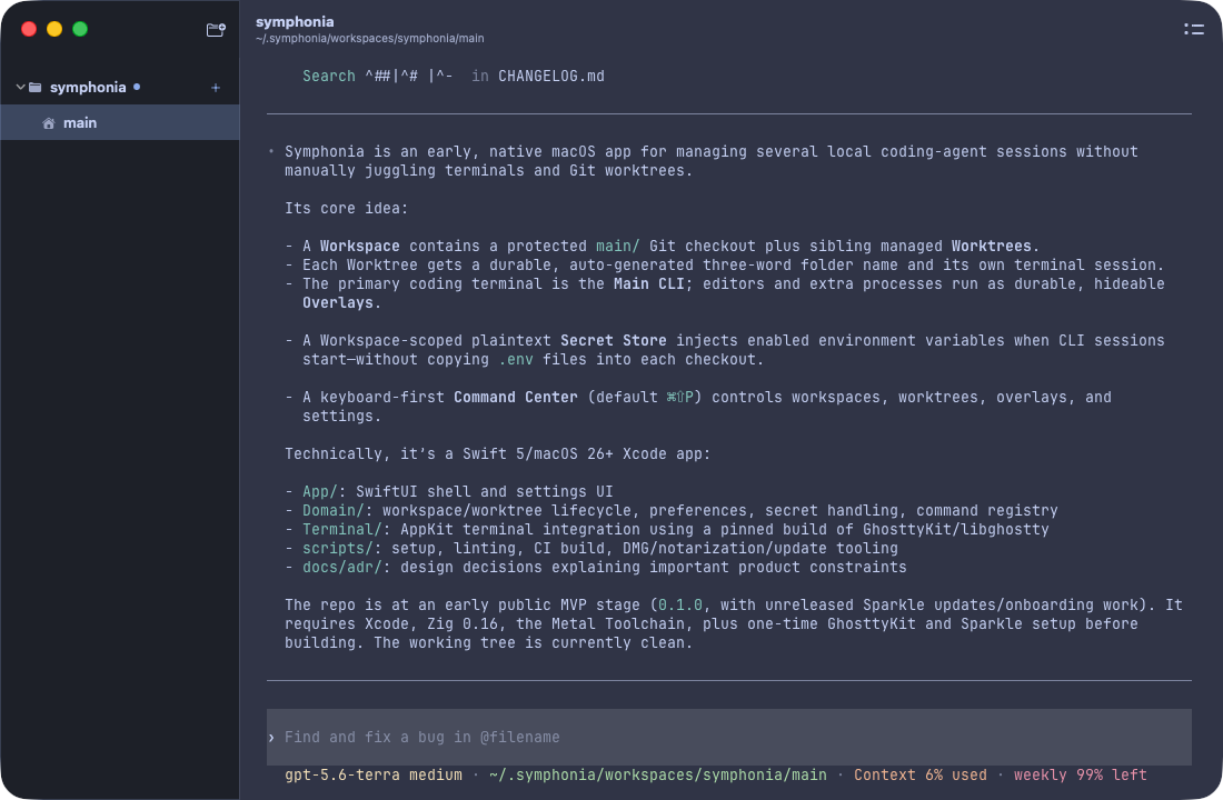 Symphonia showing a coding agent in the Main CLI with its workspace sidebar